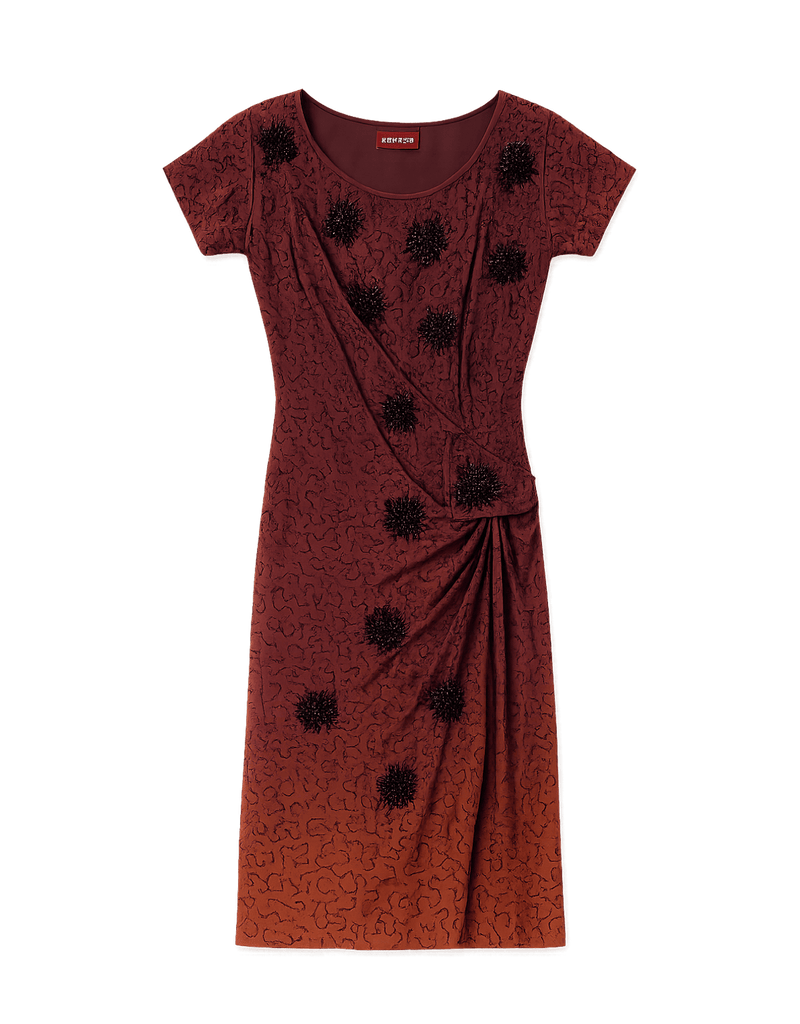 90s Burgundy Beaded Wrap Dress - Flat Lay Front