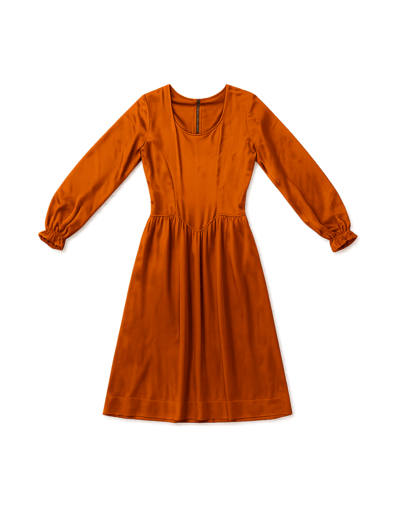 70s Women's Satin Pleated Dress - Orange - Flat Lay Front