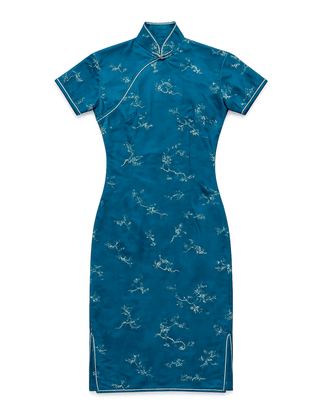 Vintage Teal Silk Dress with Floral Embroidery - Flat Lay Front