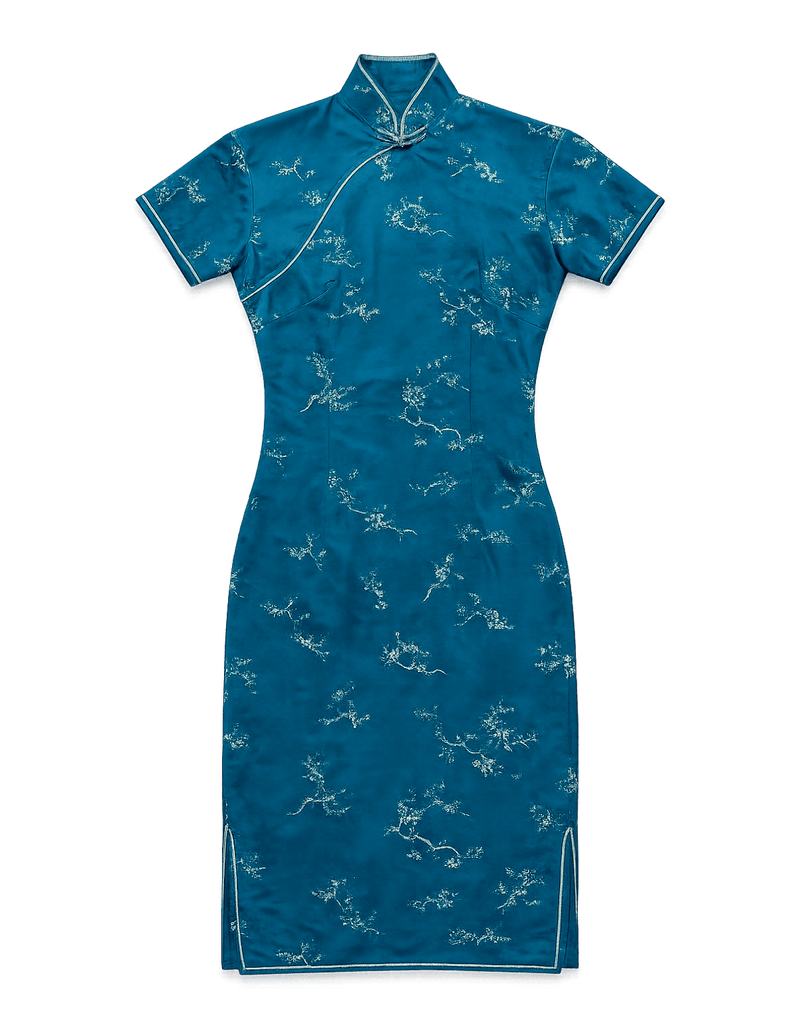 Vintage Teal Silk Dress with Floral Embroidery - Flat Lay Front