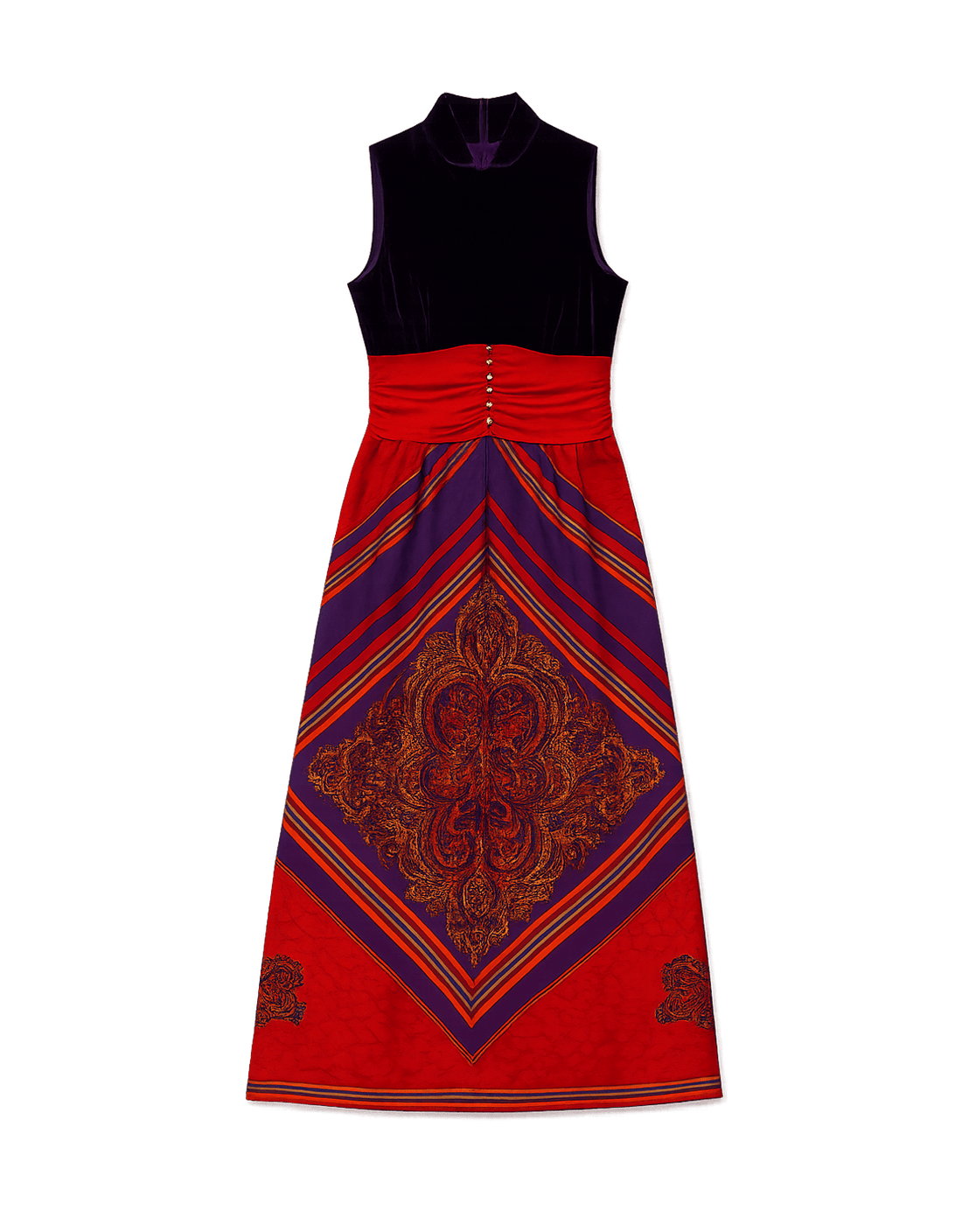 70s Velvet Maxi Dress with Vibrant Paisley Print - Flat Lay Front