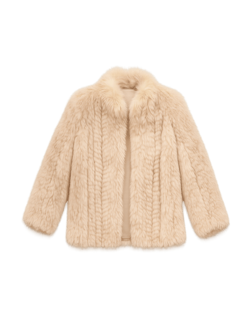 Mid-Century Women's Cream Faux Fur Chevron Coat - Flat Lay Front
