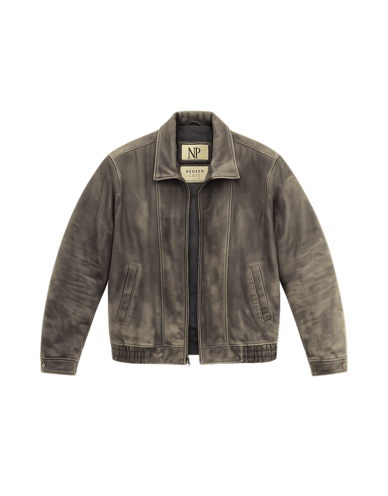 80s Men's Black Leather Bomber Jacket - Flat Lay Front