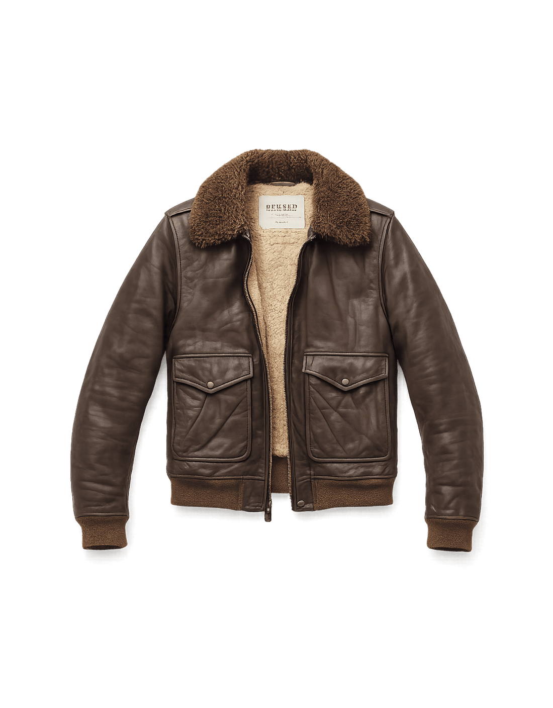 Vintage Leather Jacket with Shearling Collar - Flat Lay Front
