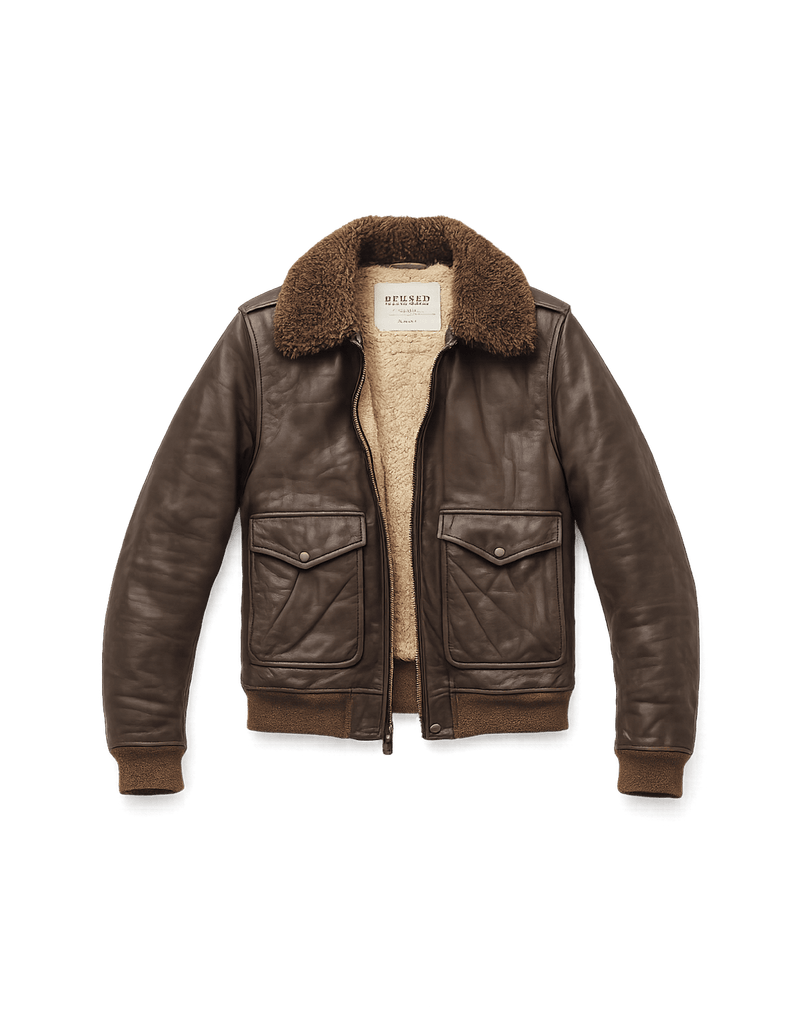 Vintage Leather Jacket with Shearling Collar - Flat Lay Front