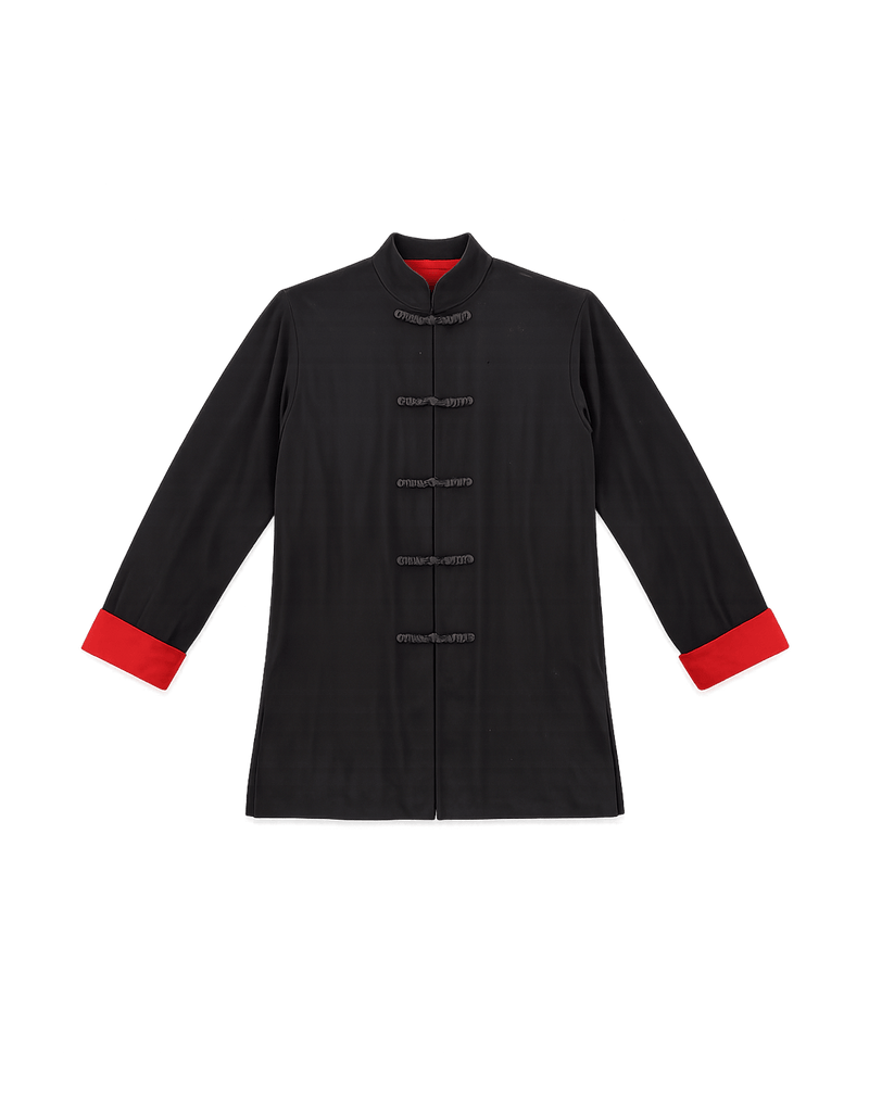 Chic Black Chinese Collar Top - Contemporary Style - Flat Lay Front