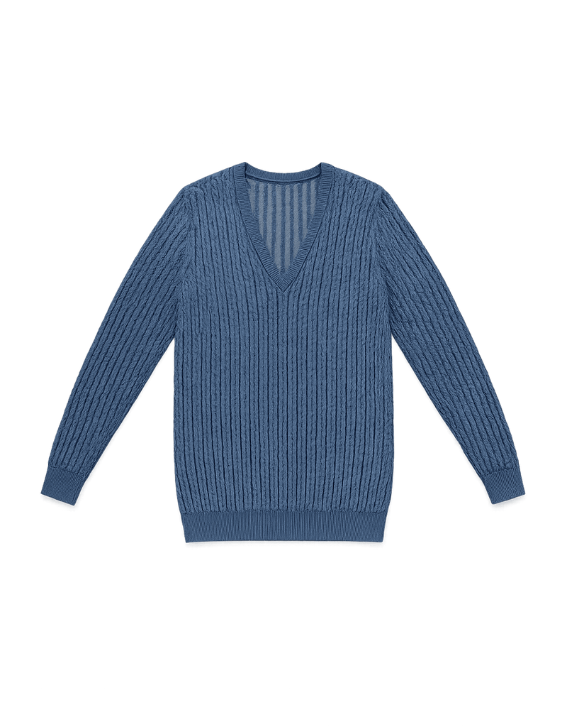 80s Unisex Sweater - Dark Blue V-Neck Knit - Flat Lay Front
