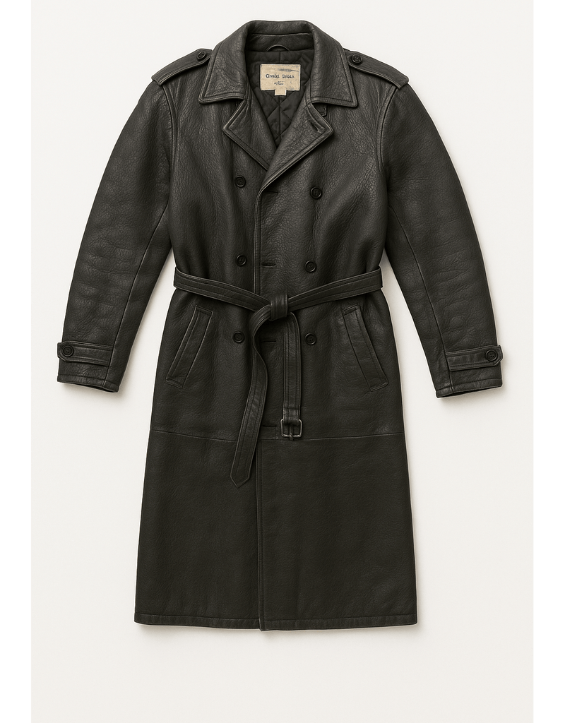 80s Unisex Leather Coat - Double-Breasted - Flat Lay Front