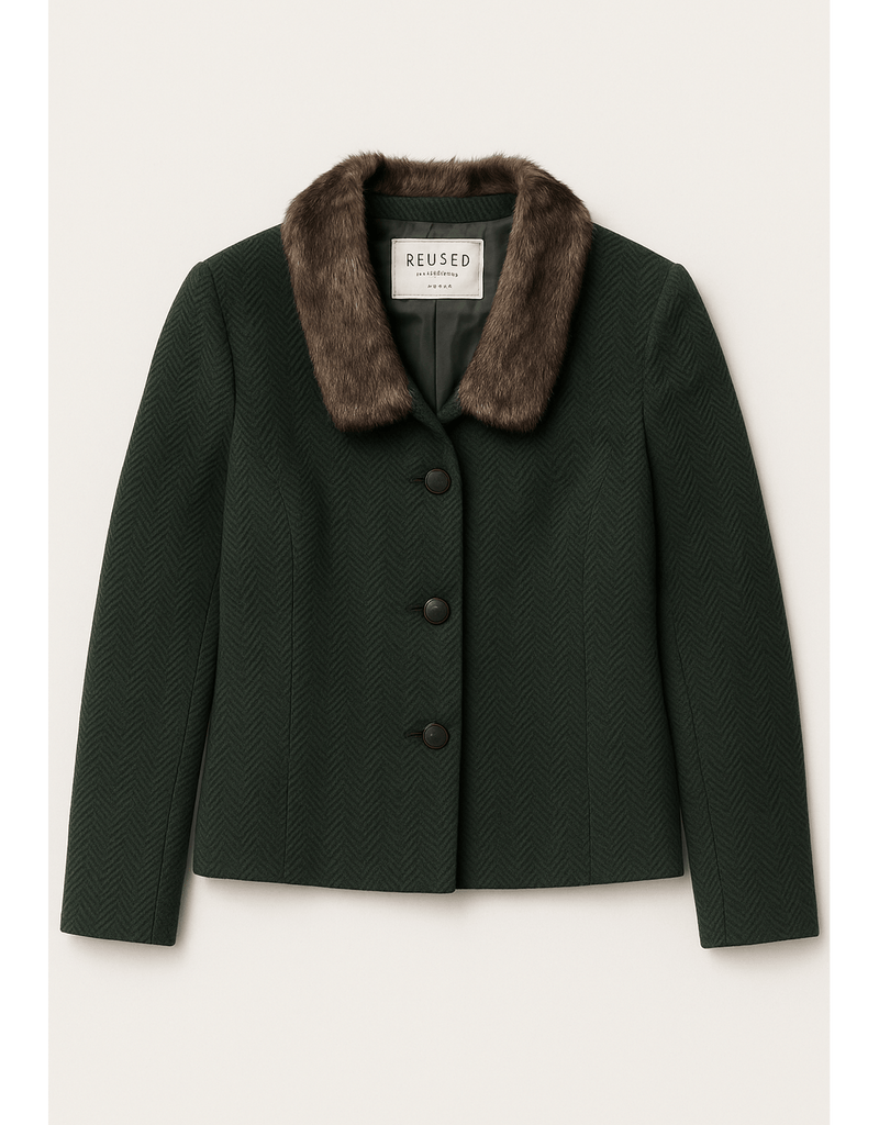 Mid-Century Women's Jacket with Faux Fur Collar - Flat Lay Front