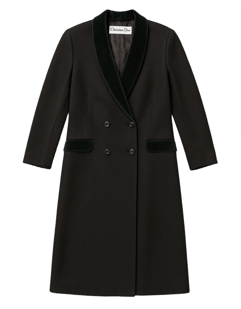 50s Dior Black Velvet Shawl Collar Coat - Flat Lay Front