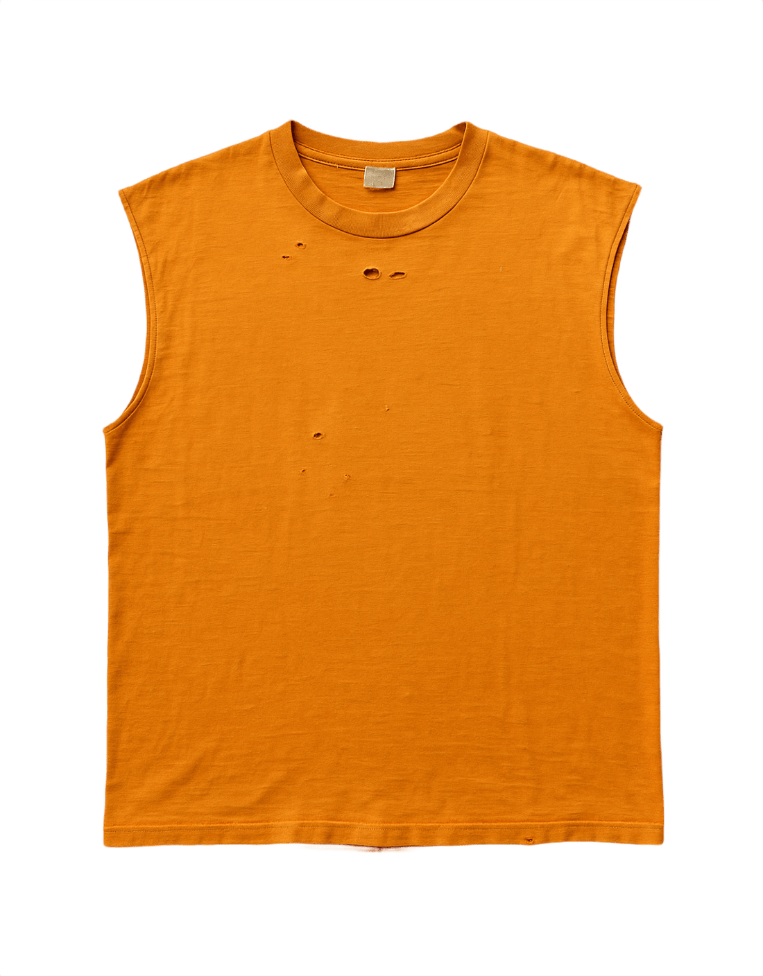 90s Grunge Distressed Orange Sleeveless T-Shirt - Flat Lay Front