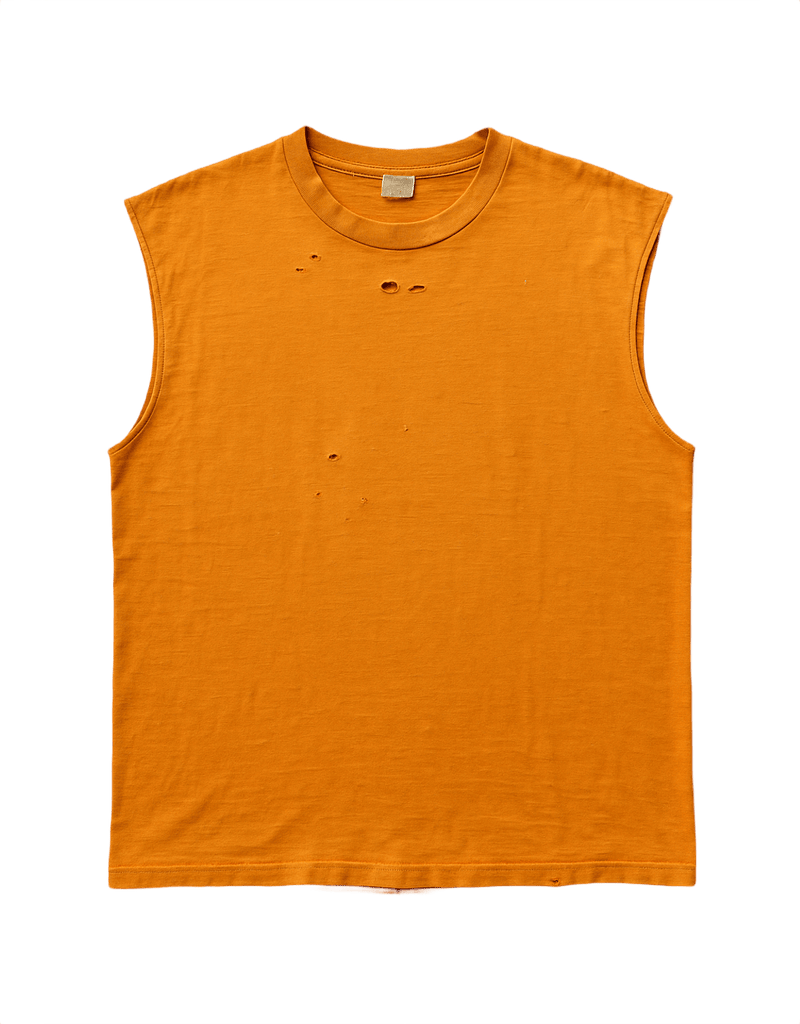 90s Grunge Distressed Orange Sleeveless T-Shirt - Flat Lay Front