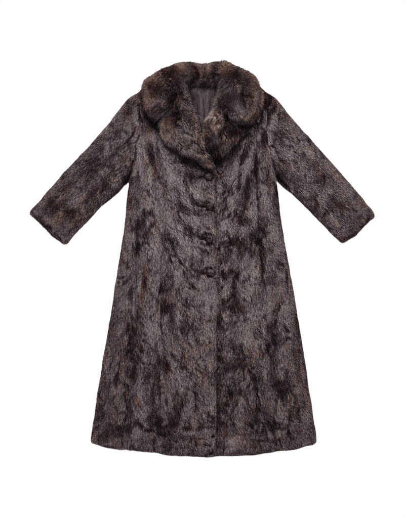 Mid-Century Dark Brown Plush Fur Coat - Flat Lay Front