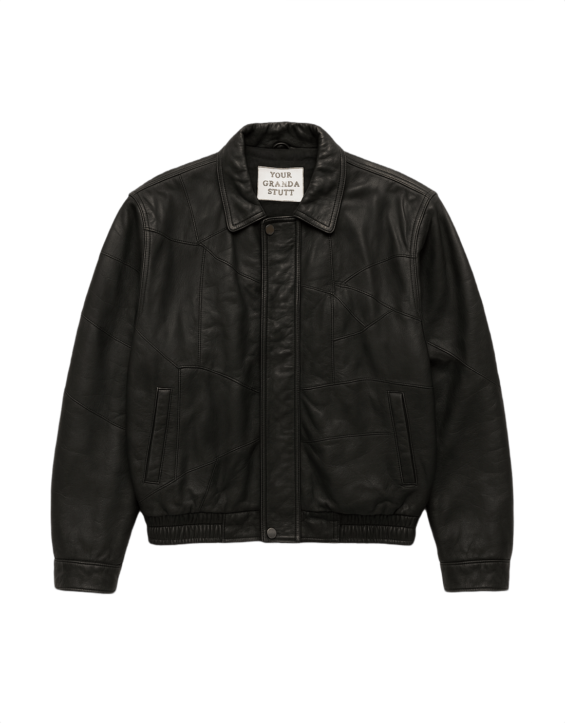 90s Grunge Black Leather Jacket - Boxy Oversized - Flat Lay Front