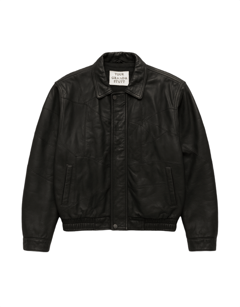 90s Grunge Black Leather Jacket - Boxy Oversized - Flat Lay Front