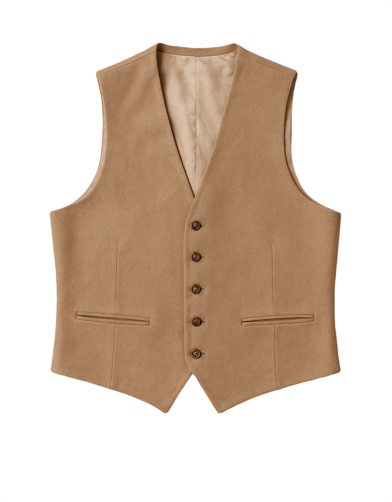 70s Men's Camel Tan Vest with Brassy Buttons - Flat Lay Front