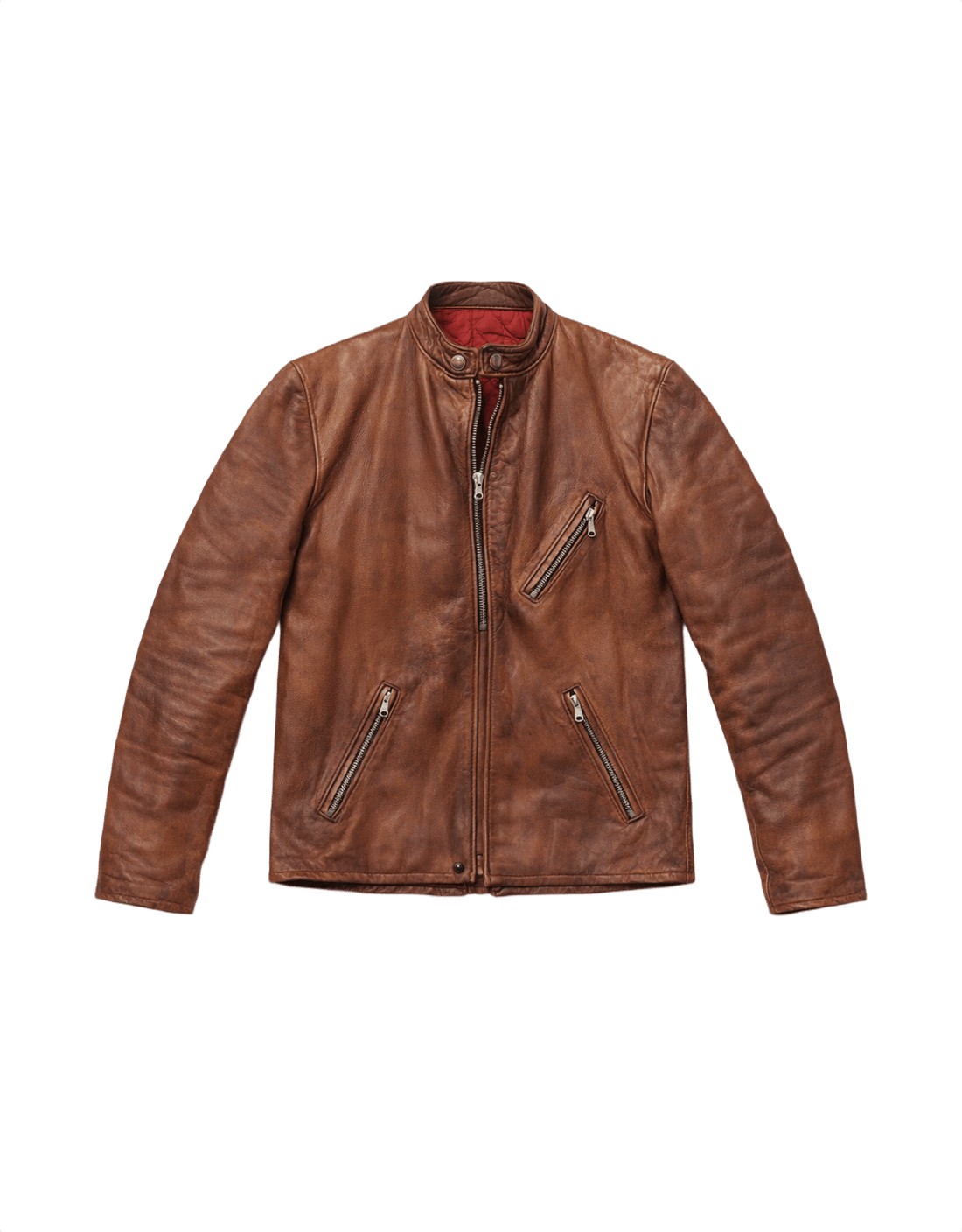 80s Medium Cognac Brown Leather Jacket - Flat Lay Front