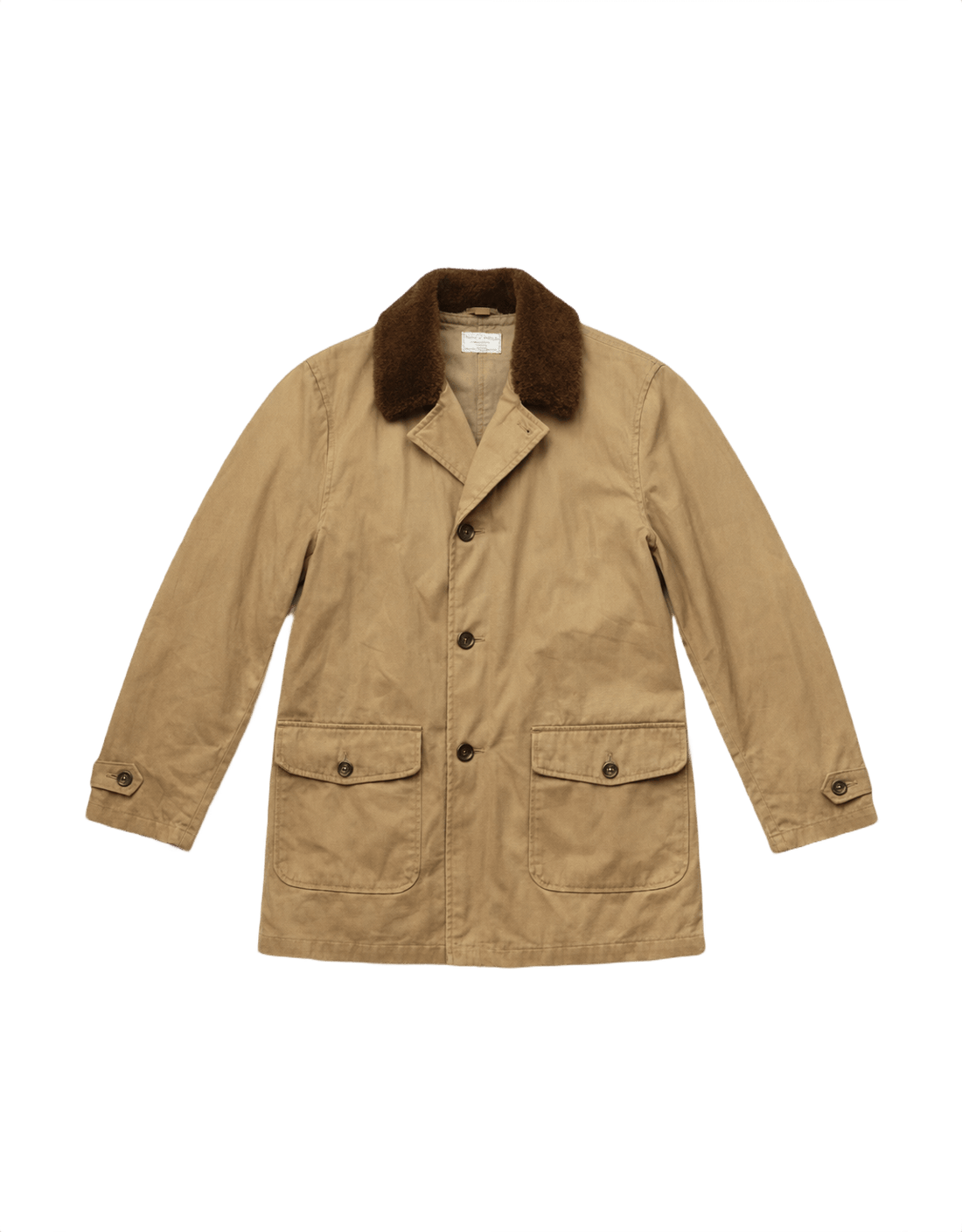 Mid-Century Men’s Khaki Tan Cotton Coat - Flat Lay Front