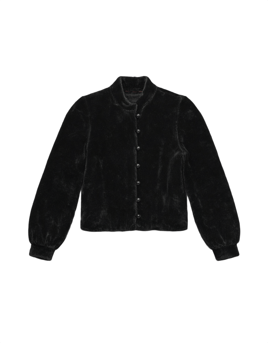 50s Black Plush Fur Coat - Flat Lay Front