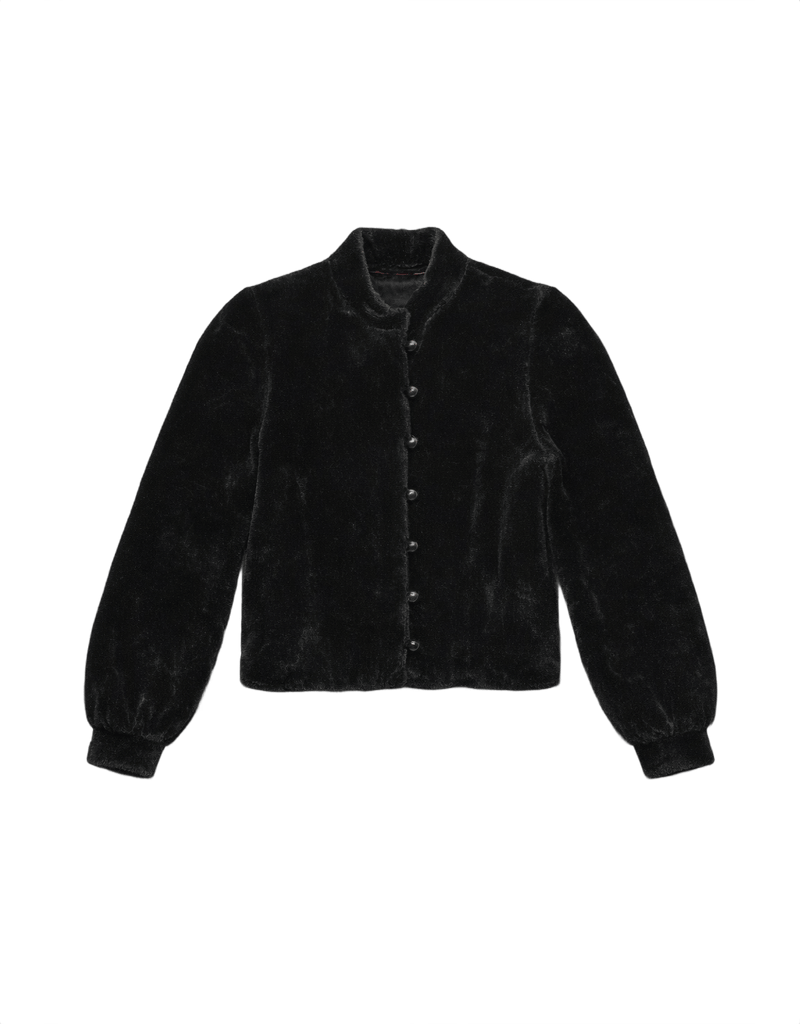 50s Black Plush Fur Coat - Flat Lay Front
