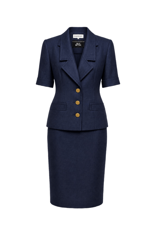 1980s Navy Blue Wool Blend Blazer and Skirt Set - Front View