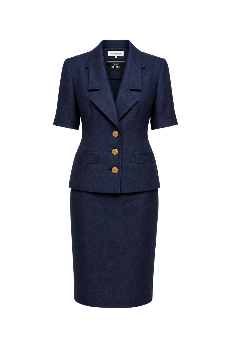 1980s Navy Blue Wool Blend Blazer and Skirt Set - Front View