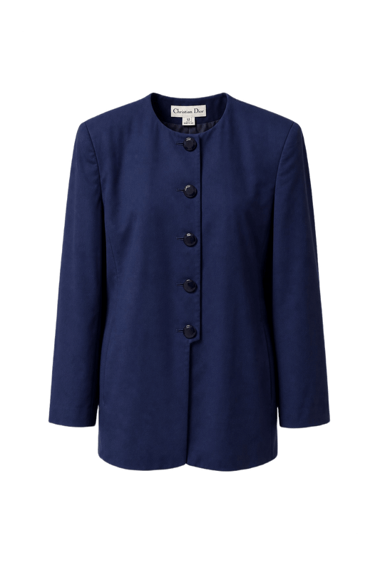1980s Navy Blue Wool Blend Blazer - Front View
