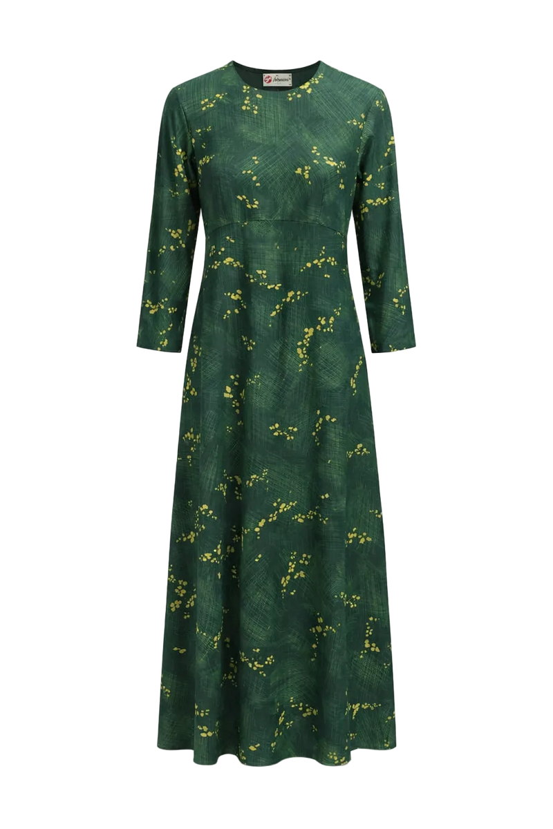 1970s Forest Green Polyester Maxi Dress - Front View