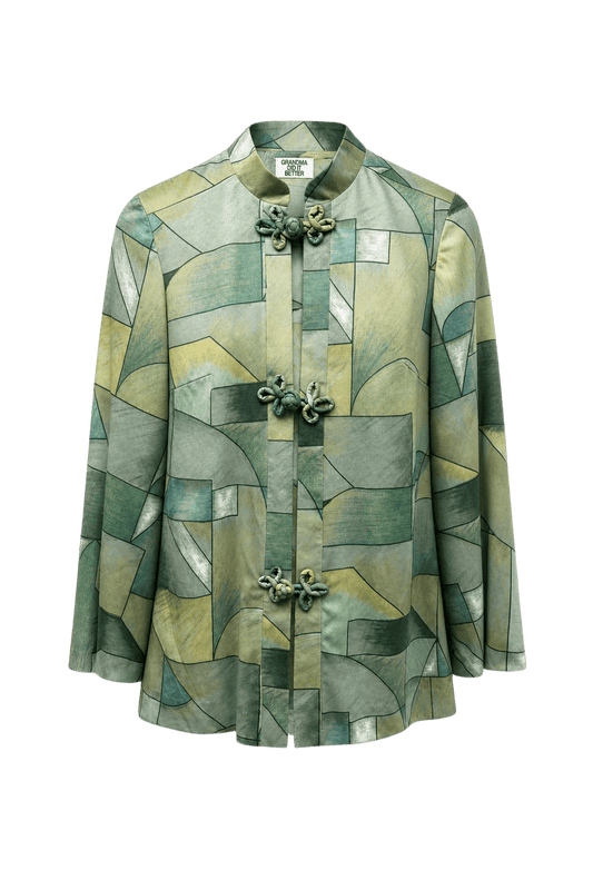[1980s] Green Yellow Silk Jacket - Front View