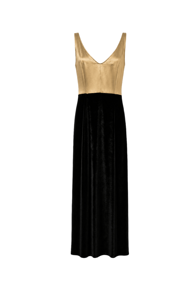 1950s Gold Satin Velvet Maxi Dress - Front View