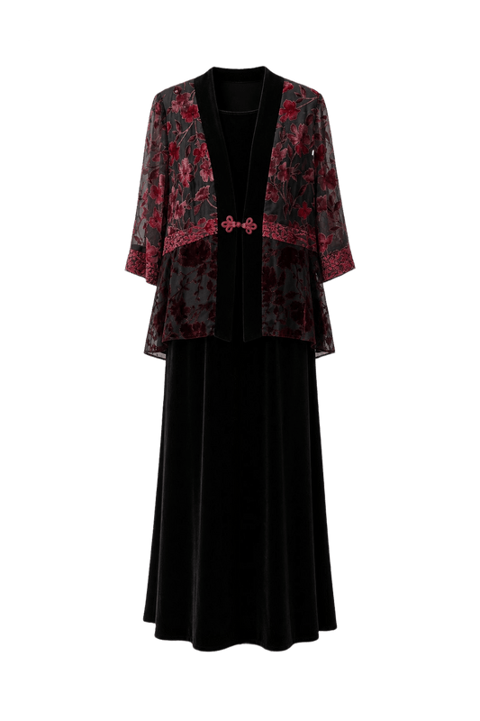 1980s Black Velvet Floral Print Jacket and Dress - Front View