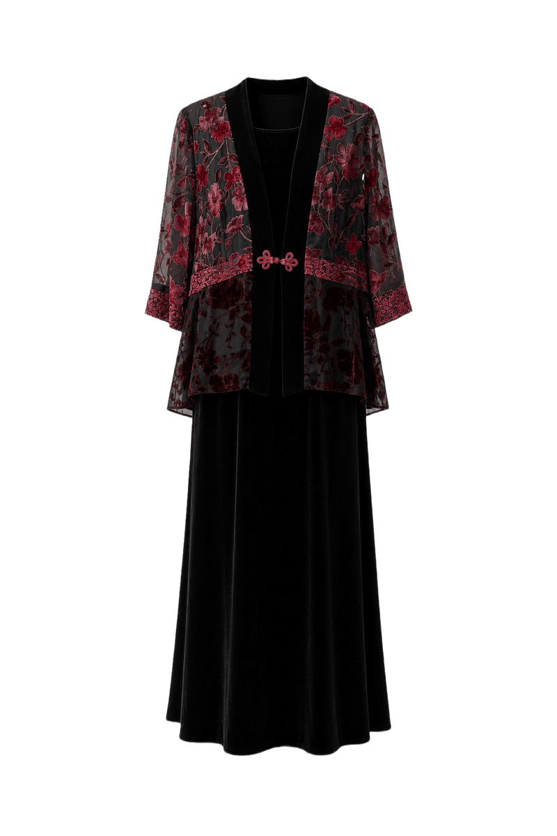 1980s Black Velvet Floral Print Jacket and Dress - Front View