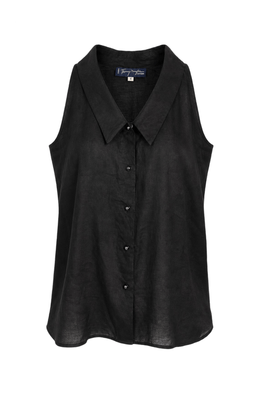 1980s Black Linen Blouse - Front View