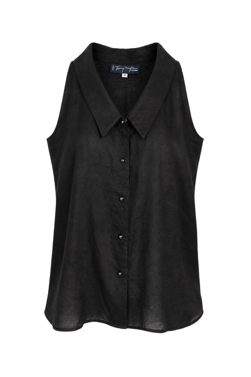 1980s Black Linen Blouse - Front View