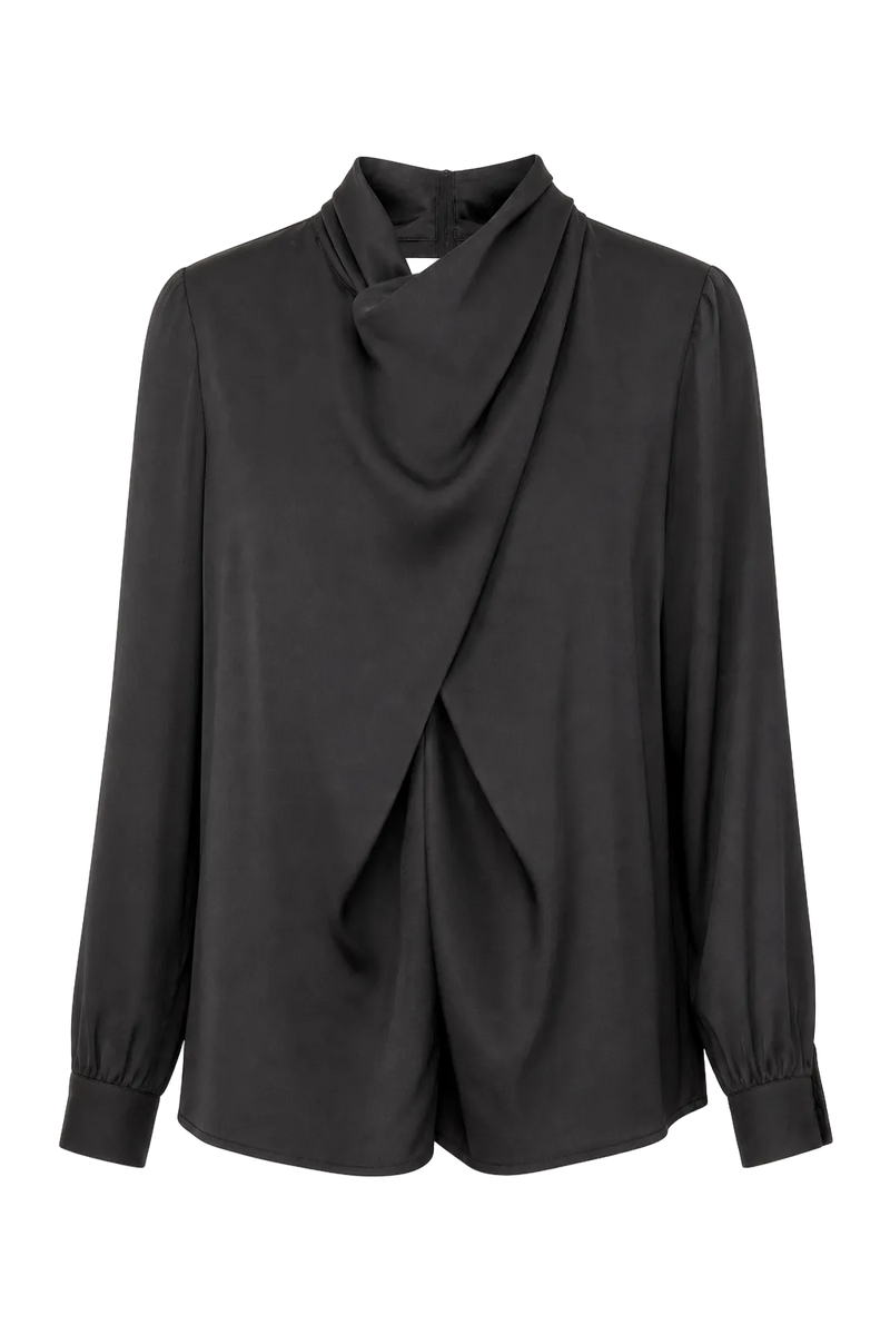 1980s Black Satin Blouse - Front View