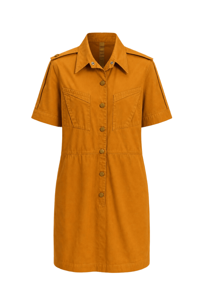 1980s Mustard Yellow Cotton Shirt Dress - Front View