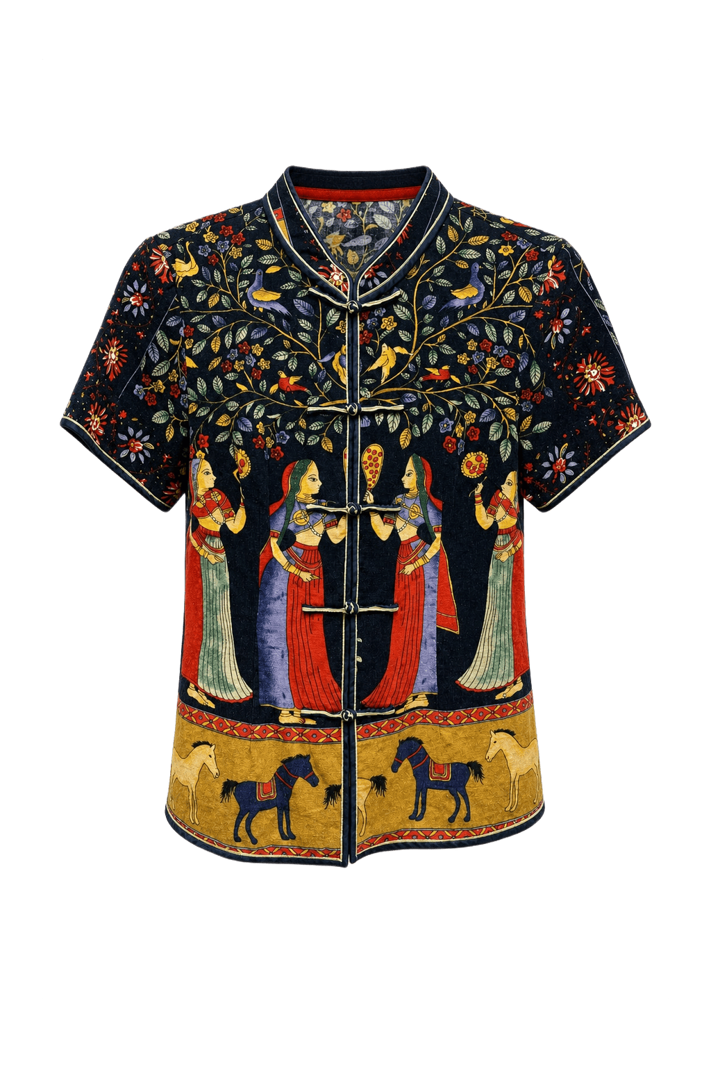 1970s Navy Blue Cotton Blend Blouse - Front View