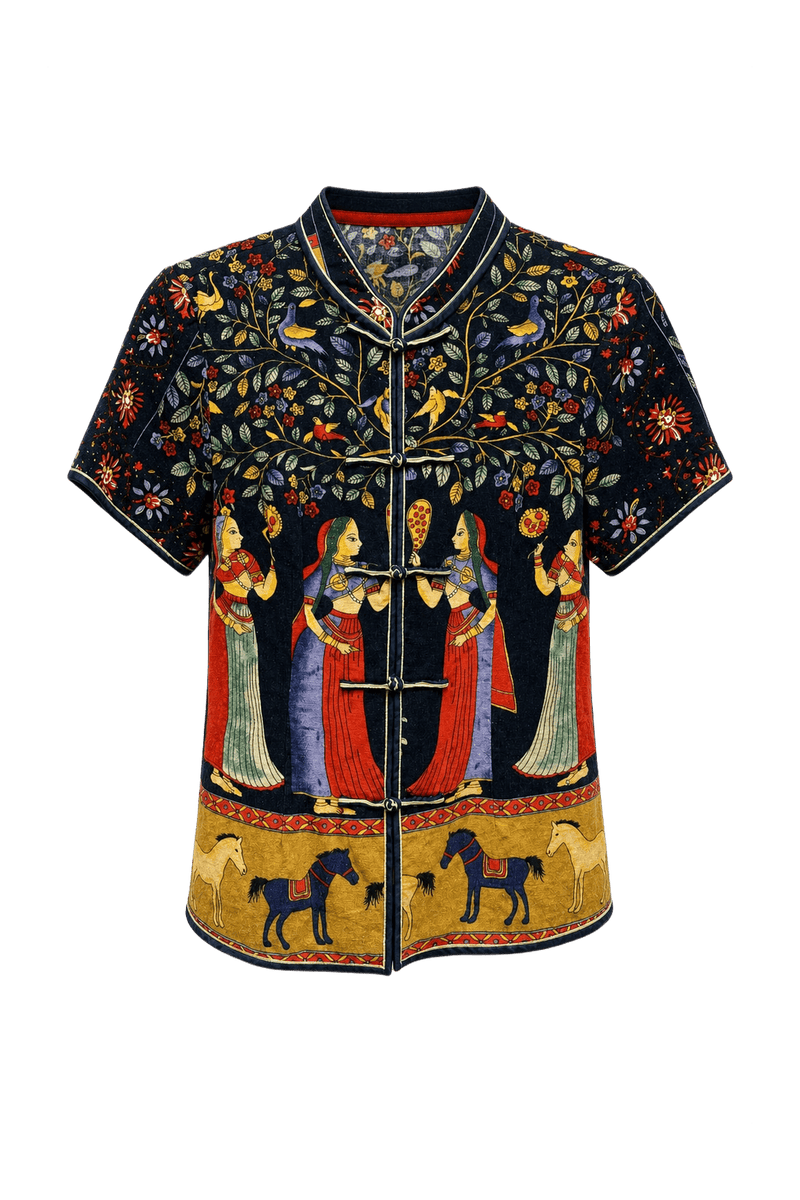 1970s Navy Blue Cotton Blend Blouse - Front View