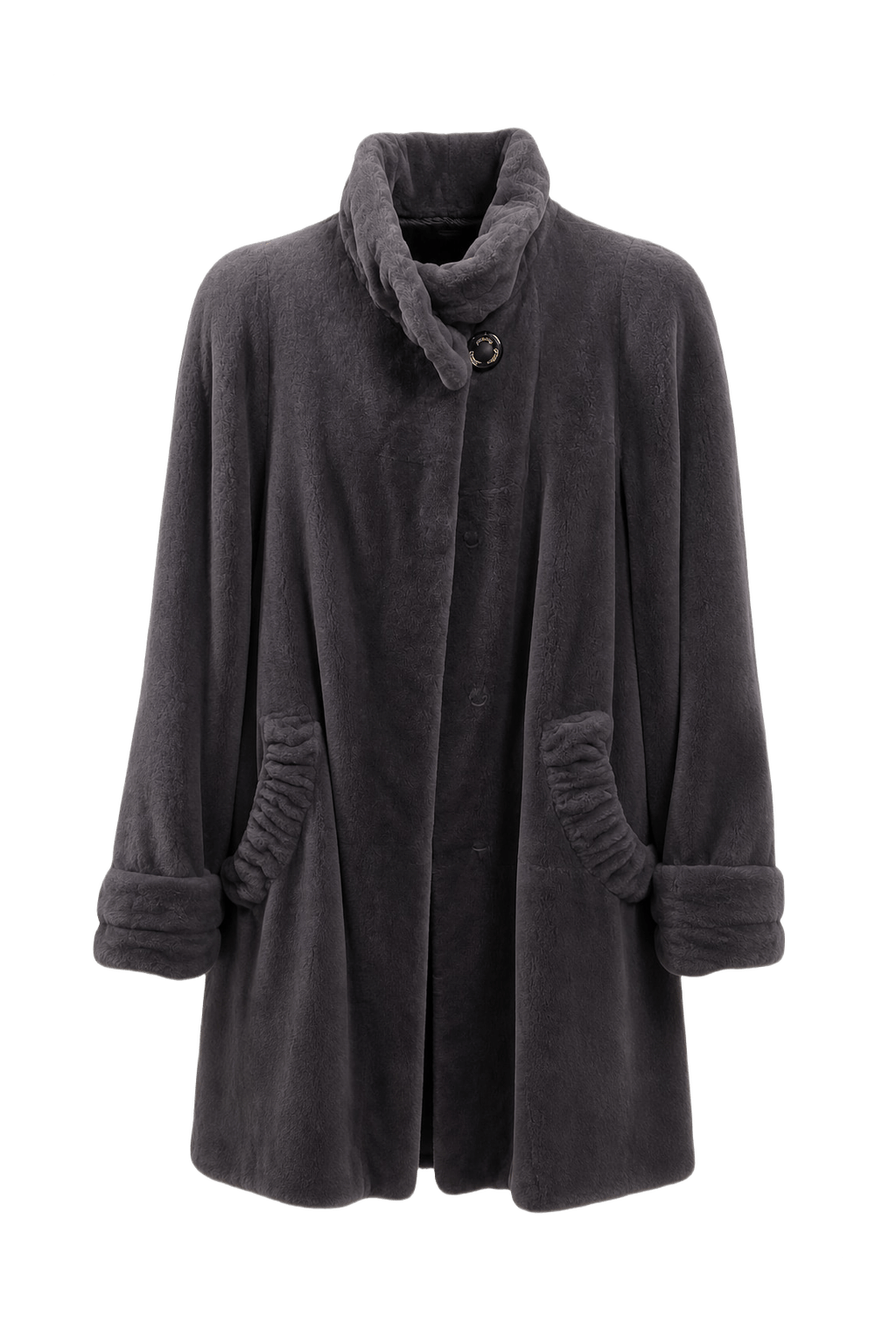 1980s Charcoal Grey Faux Fur Coat - Front View