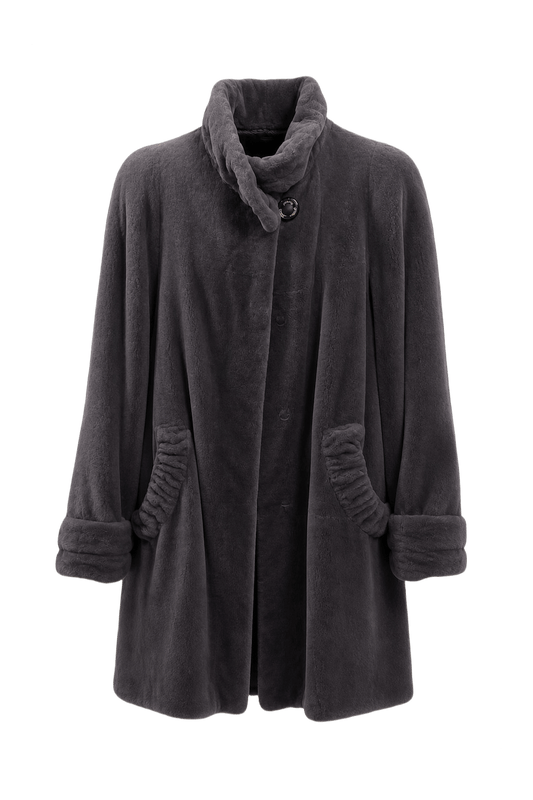 1980s Charcoal Grey Faux Fur Coat - Front View
