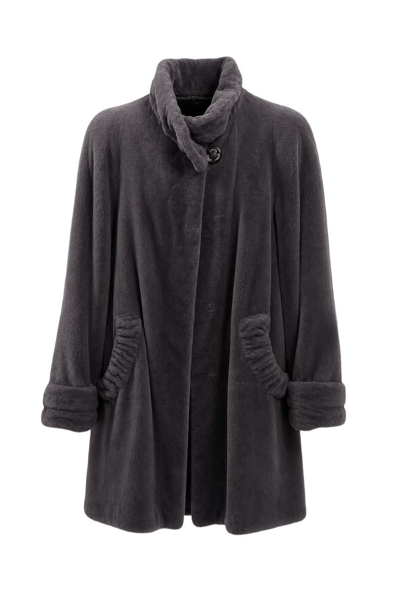 1980s Charcoal Grey Faux Fur Coat - Front View