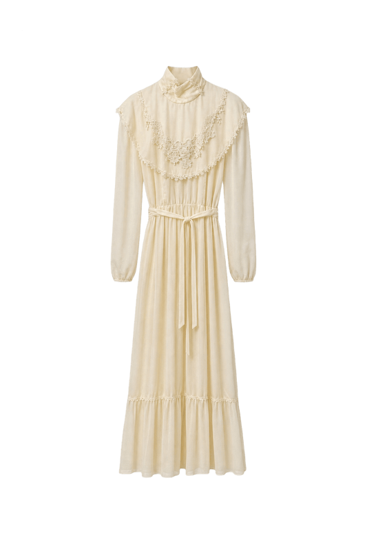 1970s Cream Cotton Blend Maxi Dress - Front View