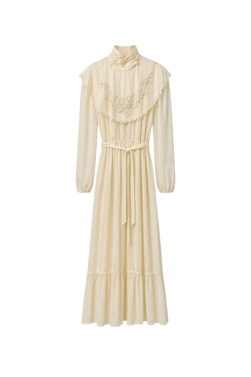 1970s Cream Cotton Blend Maxi Dress - Front View