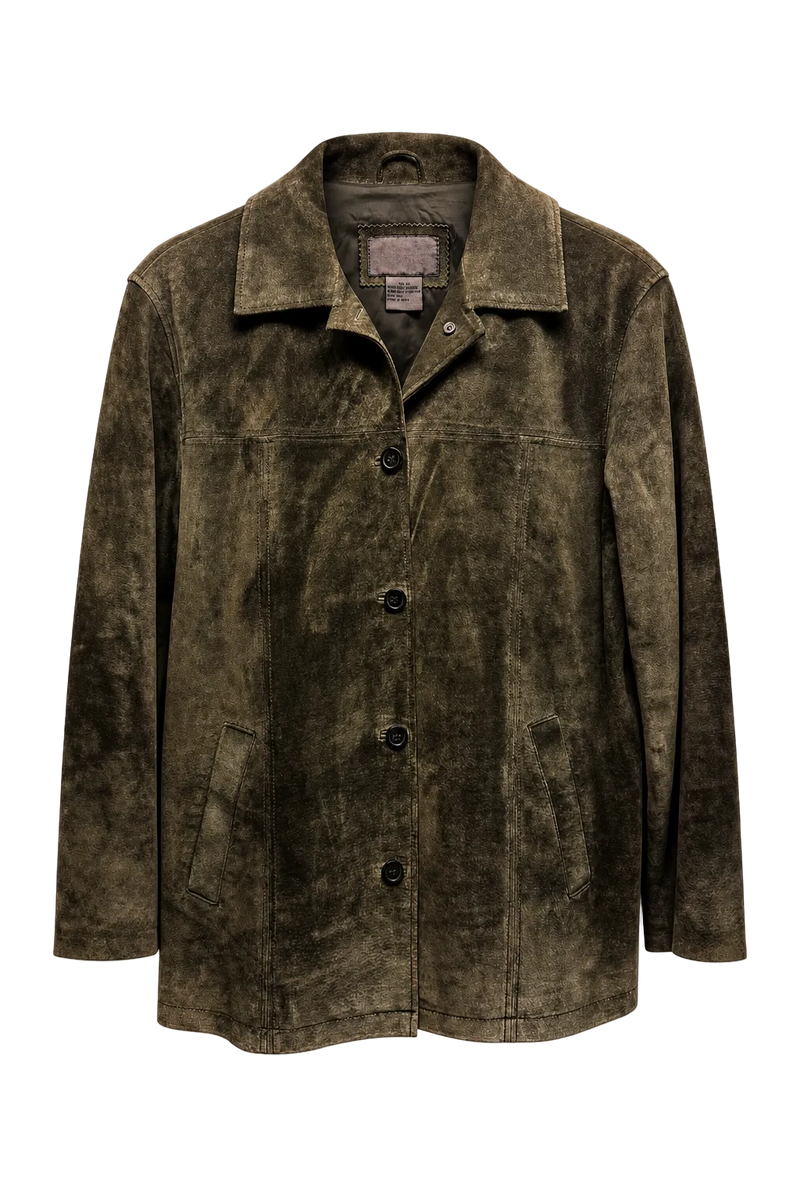 1990s Olive Green Suede Jacket - Front View