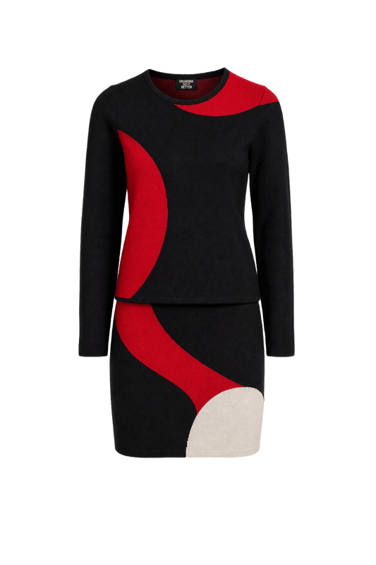 1990s Black with Red Acrylic Sweater and Skirt Set - Front View