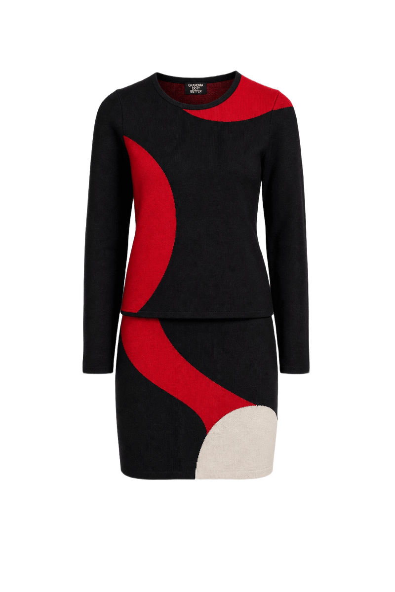 1990s Black with Red Acrylic Sweater and Skirt Set - Front View