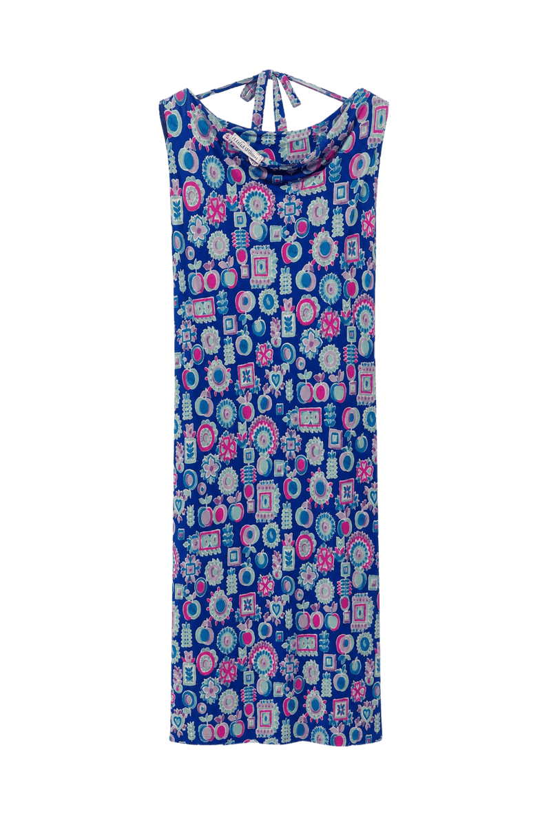 1970s Blue Polyester Maxi Dress - Front View