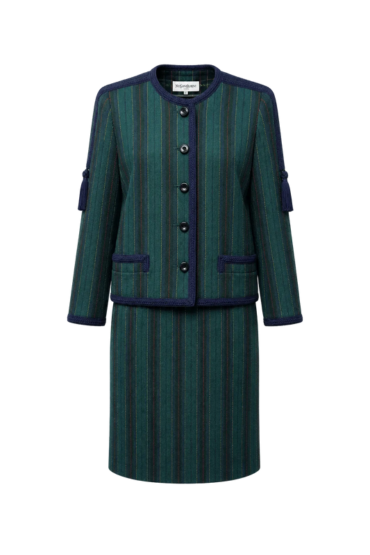 1980s Green Wool Blend Blazer and Skirt Set - Front View