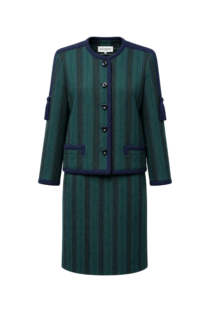 1980s Green Wool Blend Blazer and Skirt Set - Front View