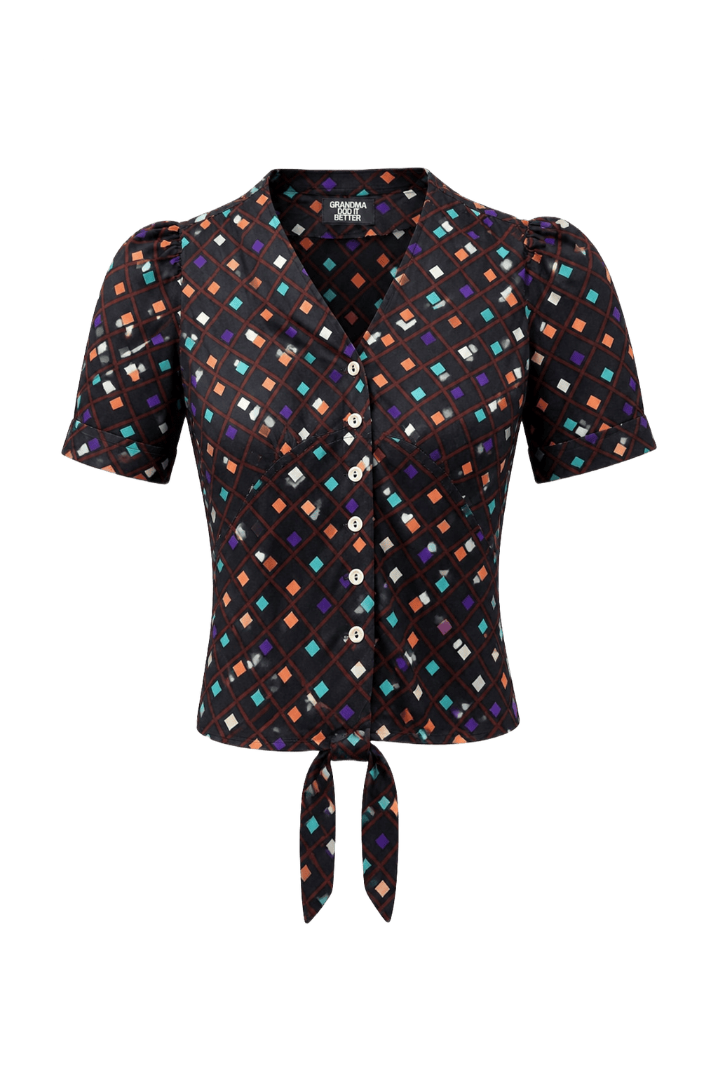 1970s Black Polyester Blouse - Front View